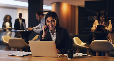 Image showing Phone call, coworking space and happy woman on laptop, business communication and smile for loan success. Advice, networking person and financial advisor consulting, planning or chat on cellphone