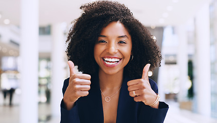 Image showing Thumbs up, yes and happy business black woman doing thank you gesture, sign and excited for company success. African, goal and portrait of a corporate or professional employee in agreement with smile