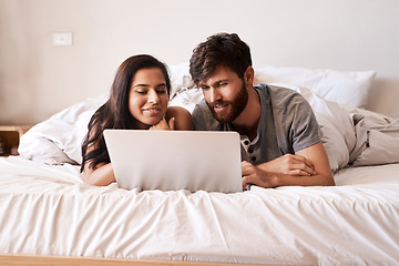 Image showing Bedroom laptop, happy and couple reading web info, relationship blog story and scroll on website. Watch video, home bed and relax people doing online shopping, internet search or check social media