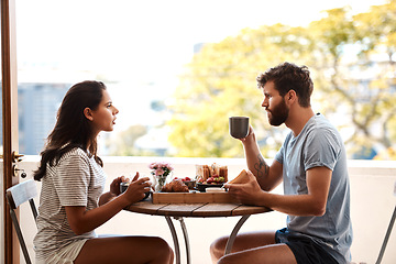 Image showing Breakfast food, home and couple argue, fight or angry over relationship problem, mistake or frustrated on apartment balcony. Divorce risk, marriage fail and people in morning conflict during brunch