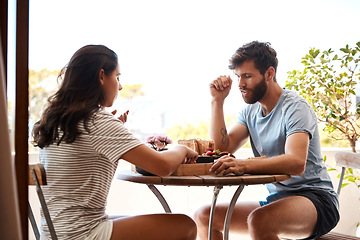 Image showing Home food, breakfast and couple eating meal, morning brunch or lunch on Valentines Day date on balcony. Love, marriage and romantic man, woman or people bonding, care and enjoy quality time together