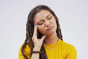 Image showing Headache, stress and gen z girl in studio with pain, problem and crisis on mockup or grey background. Temple, anxiety and sad female university student with fear, fatigue or mistake, debt or fail