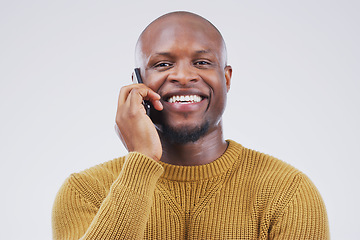 Image showing Networking, black man on phone call and happy against a white background. Communication or technology, connectivity on smartphone and African male person smile talking to contact in a studio backdrop