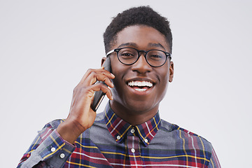 Image showing Phone call, happy and portrait of black man in studio for conversation, talking and funny chat. Communication mockup, white background and male person on smartphone for network, contact or connection