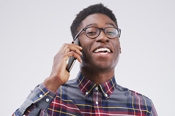 Image showing Phone call, portrait and excited black man in studio for conversation, talking and funny chat. Communication mockup, white background and male person on smartphone for network, contact and connection