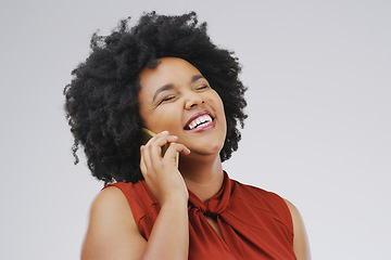 Image showing Phone call, laugh and woman in studio for conversation, talking and funny chat on mockup. Communication, white background and happy african female person on smartphone for joke, contact and comedy