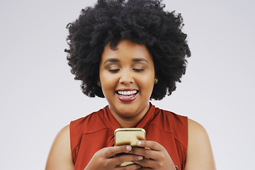 Image showing Smile, mockup and African woman with a smartphone, typing and communication against a white studio background. Female person, model and girl with a cellphone, mobile app and connection with happiness