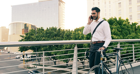 Image showing Phone call, business man and bike in city to travel with eco friendly transport. Cellphone, bicycle and happy male professional talking, speaking or discussion while walking on cycling street outdoor