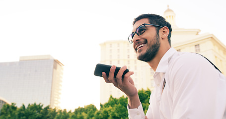 Image showing Voice note, phone and business man in city, communication and conversation call on mockup. Cellphone, virtual assistant and happy male professional talking, speaking and funny discussion on street.