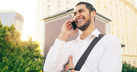 Image showing Phone call, business man and laughing in city, talking and speaking to contact. Cellphone, funny and happy male professional in urban street for discussion, communication and comedy or joke outdoor