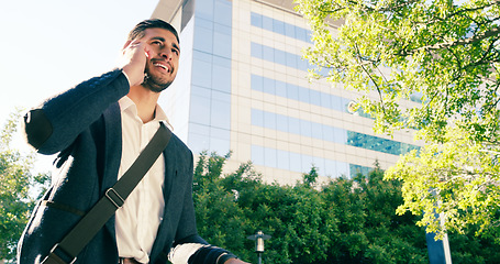 Image showing Phone call, business man and smile in city, talking and speaking to contact. Cellphone, funny and male professional in urban street for discussion, communication and mobile conversation in low angle.