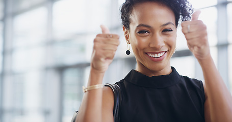 Image showing Business woman, face and thumbs up with smile, support and agreement, thank you and success in workplace. Emoji, hand gesture and female professional in portrait, mockup space and positive feedback