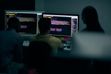 Image showing Programming, code and computer with business people in office at night for cyber security, cloud computing and data. Software development, teamwork and digital with developers for coding and network