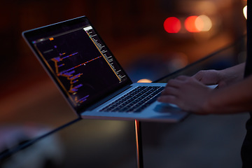 Image showing Hacker, code and laptop with hands of person for ransomware, cyber security and phishing. Coding, technology and crime with closeup of programmer for fraud, network system and data scam at night