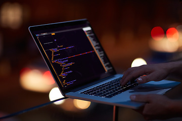 Image showing Hacker, programming and laptop with hands of person for ransomware, cyber security and phishing. Coding, technology and crime with closeup of programmer for fraud, network system and data at night