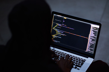 Image showing Hacker, code and cyber security with person and laptop screen for ransomware, programming and phishing. Coding, technology and crime with programmer typing for fraud, network system and data at night