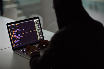 Image showing Hacker, code and programming with person and laptop screen for ransomware, cyber security and phishing. Coding, technology and crime with programmer typing for fraud, network system and data at night