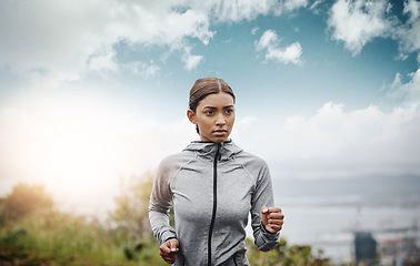 Image showing Training, sky and Indian woman with exercise, running and fitness with balance, workout goal and target. Female person, runner or athlete practice, run or energy with focus, concentration or wellness