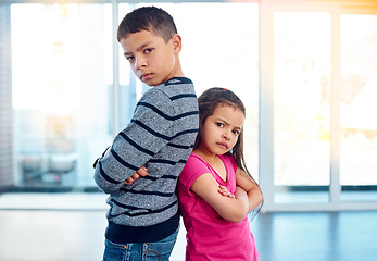 Image showing Anger, brother and portrait of sister with arms crossed in home, fighting or argument, conflict or problem. Angry, children and kids with their backs together, frustrated and ignore with mockup.