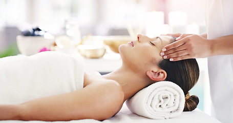 Image showing Woman, hands and sleeping in relax at spa for facial treatment, healthy wellness or physical therapy at resort. Calm female person relaxing in peaceful sleep for body care or face massage at a salon