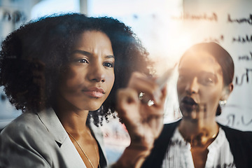 Image showing Writing, solution and serious woman in business for planning schedule, calendar and strategy in office. Agenda, management and female team collaboration for brainstorming, mission and problem solving