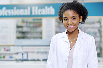 Image showing Happy, smile and portrait of black woman in pharmacy for medical, pills and retail. Medicine, healthcare and trust with face of pharmacist in drug store for product, wellness and expert advice