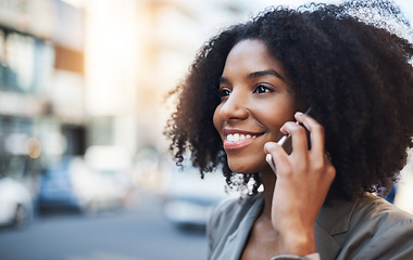 Image showing Happy business woman, phone call and city for conversation, communication or networking outdoors. Female employee talking on mobile smartphone with smile for fun discussion in street of an urban town