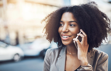 Image showing Business woman, phone call and city for conversation, communication or networking outdoors. Female employee talking on mobile smartphone with smile for discussion in the street of an urban town