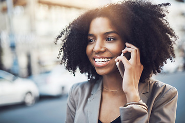 Image showing Happy woman, phone call and communication in city for conversation or networking outdoors. African female person talking on mobile smartphone with smile for fun discussion in street of an urban town