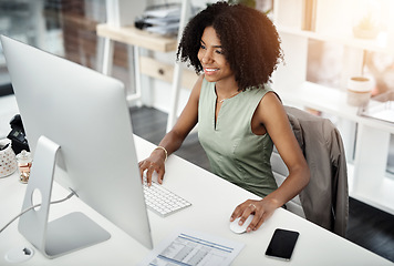 Image showing Finance, document and happy woman on computer for budget, planning and research in office. Management, paper and smiling African female financial advisor online for accounting, tax or report review