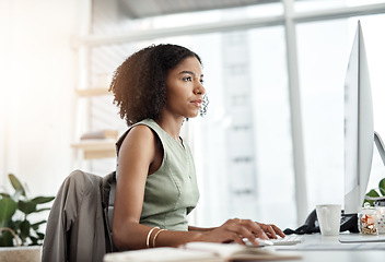 Image showing Reading, computer and business woman in office for website management, copywriting or editing online software. Young african person, writer or editor with web article, research and blog on desktop pc