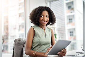 Image showing Tablet, portrait and business woman in office of online management, research and happy with technology solution. Paperless, typing and face of young African person on digital application for analysis