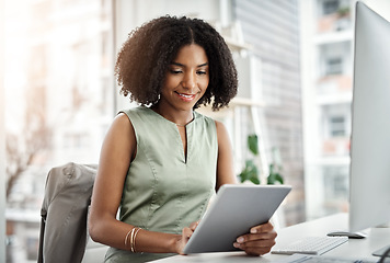 Image showing Tablet, scroll and business woman in office for website analysis, online management and technology solution. Planning, typing or review of african person on digital application and computer research