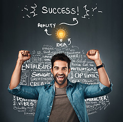 Image showing Light bulb, success or happy man in celebration of ideas text or goals of innovation on studio background. Motivation, graphic or excited person with positive mindset, problem solving or solution