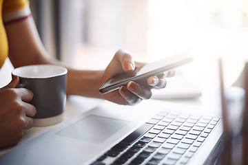 Image showing Hands, smartphone and texting closeup with laptop, coffee and work in home office or shopping, browsing and mobile communication. Woman, social media and keyboard or scrolling, online and search