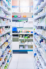 Image showing Pharmacy, shelf and boxes for wellness, empty or pharmaceutical stock for product, health and interior. Shop, store and retail healthcare with storage, choice or sale for pharma, discount and drugs