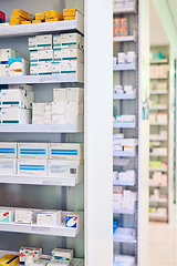 Image showing Pharmacy, shelf and boxes for healthcare, empty or pharmaceutical stock for wellness, health and interior. Shop, store and retail product with storage, choice or sale for medicine, discount and drugs