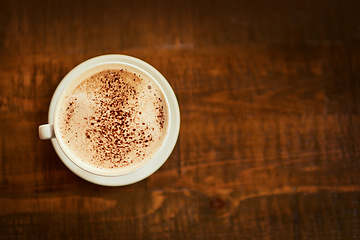 Image showing Coffee, cup or cafe store table, restaurant or diner for beverage service, mock up drink sales or hospitality industry. Tea mug, commerce market shop or small business mockup with hot chocolate latte