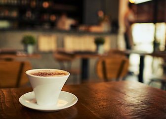 Image showing Coffee table, mug or empty store, restaurant or diner cafe for beverage service, drink sales or hospitality industry. Tea cup, commerce market shop or startup small business with hot chocolate latte