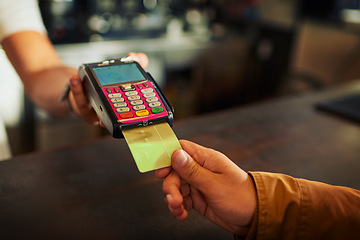 Image showing Credit card, POS or restaurant hands of people, cashier or barista with sales machine for easy retail payment. Coffee shop, customer transfer or store person, server or cafe waiter with point of sale