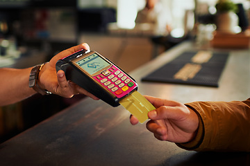 Image showing Debit card, point of sale and hands of coffee shop people, cashier or barista with easy fintech payment of hospitality service. Cafe customer, B2C and store person, server or waiter with POS machine