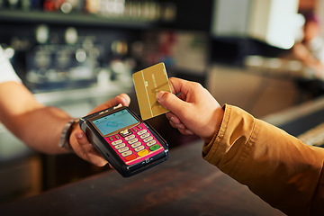 Image showing Debit card, point of sale and hands of restaurant people, cashier clerk or barista with credit payment of hospitality service. Cafe customer, commerce or store person, server or waiter with POS trade