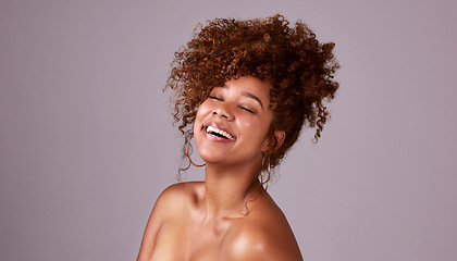 Image showing Beauty, skincare and laugh with woman in studio for hair style, cosmetics or natural makeup. Facial, happy and glow with female model isolated on background for spa mockup, self care or shine