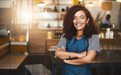 Image showing Coffee shop, crossed arms and portrait of woman in cafe for service, working and professional in bistro. Small business owner, restaurant startup and female waiter smile in cafeteria ready to serve