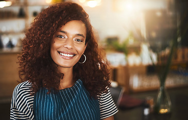 Image showing Restaurant, waitress and portrait of woman in cafe for service, working and smile for bistro startup. Small business owner, coffee shop and face of happy female worker in cafeteria ready to serve