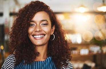 Image showing Coffee shop, waitress and portrait of woman in cafe for service, working and smile for bistro startup. Small business owner, restaurant and face of happy female worker in cafeteria ready to serve