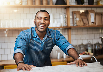 Image showing Coffee shop, barista and happy portrait of black man in restaurant for service, working and welcome in cafe. Small business owner, bistro startup and male entrepreneur smile by counter ready to serve