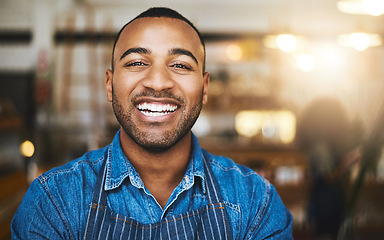 Image showing Coffee shop, restaurant and portrait of black man waiter for service, working and happy in cafe. Small business owner, barista startup and confident male worker smile in cafeteria ready to serve