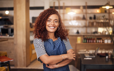 Image showing Coffee shop, barista and portrait of woman in cafe for service, working and crossed arms. Small business owner, restaurant startup and happy female waitress with pride in cafeteria ready to serve