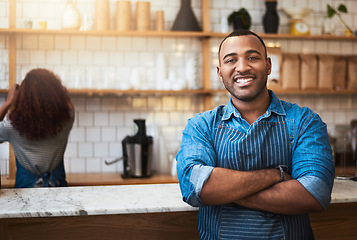 Image showing Cafe, crossed arms and portrait of black man barista for service, working and coffee shop startup. Small business owner, restaurant and professional male waiter smile in cafeteria ready to serve